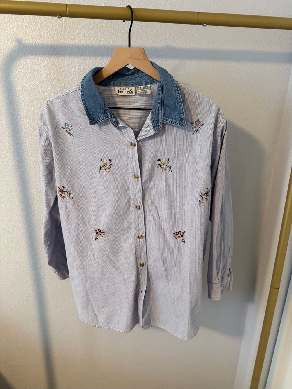 Vintage Pinstripe Floral Embroidered Button Down Shirt Womens Sz XL 80s Cottage